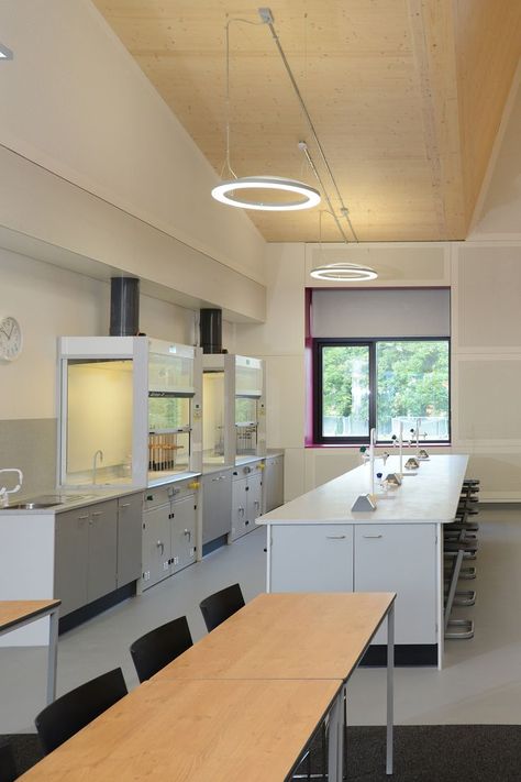 Neutral lab furniture with feature lighting and contrast black stools School Laboratory Design, School Laboratory, Laboratory Furniture, Laboratory Design, Science Laboratory, Island Bench, Laboratory Science, Layout Design, Cupboard