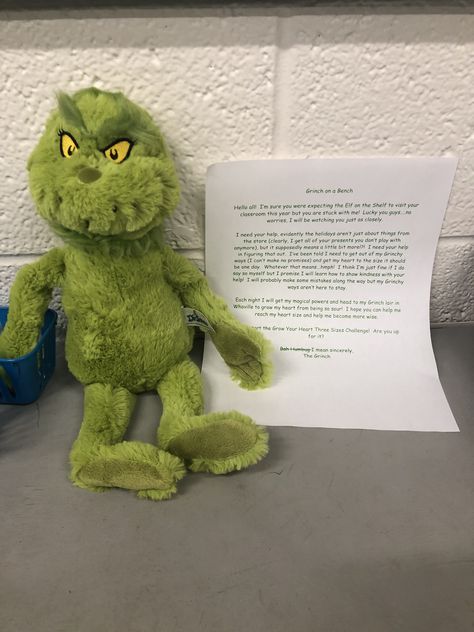 Instead of The Elf on a Shelf I decided to do the Grinch on a Bench this year with my students. I typed up a letter from him as an introduction. We are going to have kindness activities throughout the rest of December to help his heart grow and he just may show some of his Grinchy ways! 😍 Grinch On The Bench Ideas, Grinch On The Shelf Ideas Classroom, Grinch On The Shelf Classroom Ideas, Help The Grinch Grow His Heart, Grinch Elf On The Shelf Ideas Classroom, Grinch On A Shelf, Grinch In The Classroom, Grinch On A Bench Ideas, Grinch Kindness Challenge