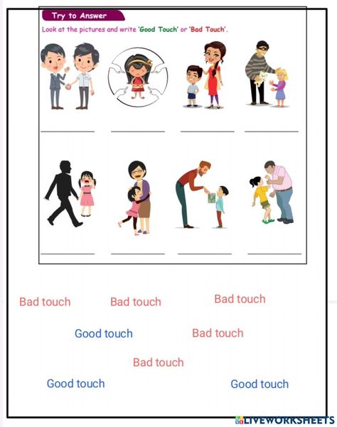 Good touch,bad touch interactive worksheet Good Touch Bad Touch Chart, Good Touch Bad Touch Worksheet, Good Touch Bad Touch Lessons Kids, Good Touch Bad Touch Activities, Good Touch Bad Touch Posters, Good Touch Bad Touch, Picture Comprehension, Bad Touch, Kids Worksheets Preschool