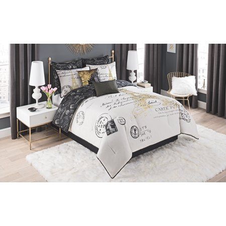 Paris Comforter Set, Paris Bedding, Apartment Decorating Black, Gold Comforter Set, Full Comforter Sets, Queen Size Comforter Sets, Black Comforter, Paris Bedroom, Bed Comforter