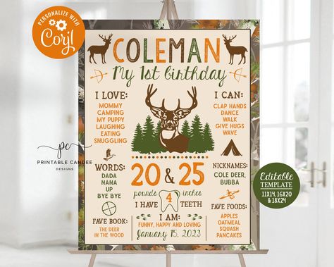 The Big One Hunting First Birthday, Hunting First Birthday, Camo Birthday Party, Deer Theme, Camo Birthday, Hunting Birthday, Birthday Milestone Board, 1 Year Birthday, Milestone Poster