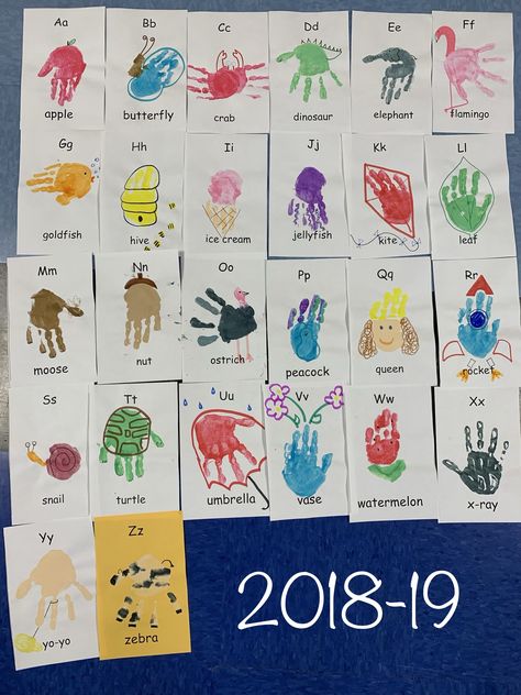 Finger Print Alphabet Book, K4 Crafts, Handprint Alphabet, Letter Y Crafts, King Julian, Baby Handprint Art, Baby Art Crafts, Infant Art, Daycare Organization