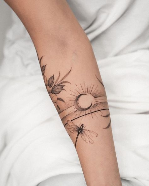 Fine line • Katowice | I am grateful that I can meet various, interesting souls from all over the world… thanks to my work 💖 thank you Nara! 😌 #armbandtattoo… | Instagram Feminine Spiritual Tattoos, Floral Sleeve Filler, Fine Line Arm Sleeve, Boho Arm Tattoo, Floral Fine Line Tattoo, Geometric Tattoo Filler, Natur Tattoo Arm, Sleeve Filler, Delicate Tattoos For Women