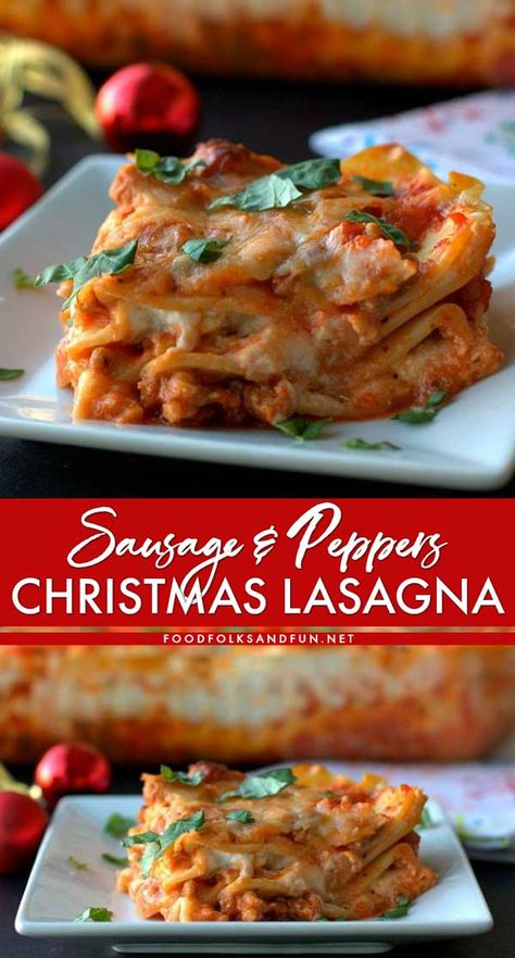 This Christmas Lasagna is packed with so much flavor thanks to the Italian sausage, bell peppers, basil, and the blend of 3 kinds of cheese! It's my family's favorite sausage lasagna, and I know it will be your family's, too! Christmas Lasagna, Italian Sausage Lasagna, Sausage Lasagna, Entertaining Dinner, Christmas Dinner Menu, Best Pasta Recipes, Kinds Of Cheese, Sausage And Peppers, Christmas Food Dinner