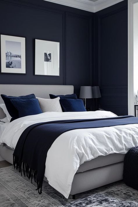 Navy And White Bedroom Master Blue Walls, Blue And Black Room Ideas, Navy Blue Feature Wall Bedroom, Grey Navy Bedroom, Grey And Navy Bedroom, Grey And Blue Bedroom Ideas, Navy Grey Bedroom, Neutral Bedroom Colors, Navy And Grey Bedroom