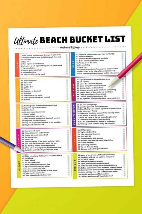 Ultimate Beach Bucket List Image Beach Bucket List, To Do At The Beach, Beach Scavenger Hunt, Summertime Crafts, Adventurous Things To Do, Beach Bucket, 100 Things To Do, Beach At Night, Sand Sculptures