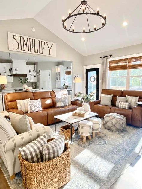 Living Rooms With Recliners Layout, Open Concept Living Room Layout, Sectional Living Room Layout, Living Room Rug Size, Open Concept Kitchen Living Room, Farmhouse Living Room Furniture, Farmhouse Style Living Room, Living Room Layout, Open Concept Living Room