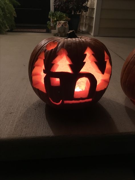 Pumpkin Carving Ideas Camper, Pumpkin Carving Camper, Campfire Pumpkin Carving, Travel Pumpkin Carving Ideas, Camper Pumpkin Carving, Excavator Pumpkin Carving, Camping Pumpkin Carving Ideas, Pumpkin Carving Mountains, American Flag Pumpkin Carving