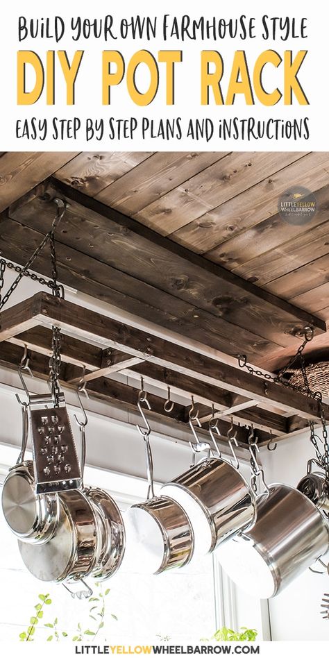 A rustic farmhouse pot rack that you can DIY over the weekend. Easy woodworking plans that take you step by step through the entire process. This DIY project is great for small kitchens to create additional storage space. #potrack #diypotrack #kitchenstorage #woodworking #easywoodworking #diyprojects #farmhousestyle #rusticipotrack #hangingpotrack #potrackoversink #farmhousepotrack Diy Pot Rack, Pot Rack Hanging, Simple Woodworking Plans, Woodworking Classes, Small Kitchens, Diy Pots, Rustic Bathrooms, Can Diy, Pot Rack