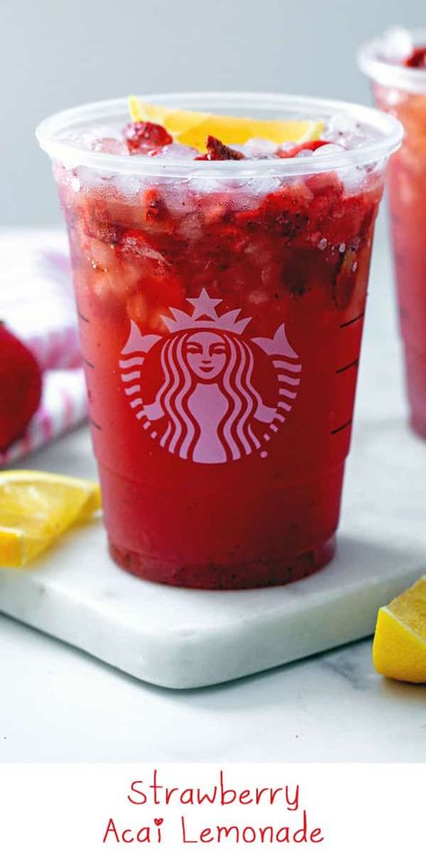 Acai Lemonade Starbucks, Starbucks Strawberry Refresher, Strawberry Acai Lemonade, Acai Lemonade, Starbucks Strawberry Acai Refresher, Caffeine Free Drinks, Strawberry Acai Refresher, Homemade Lemonade Recipes, Starbucks Strawberry