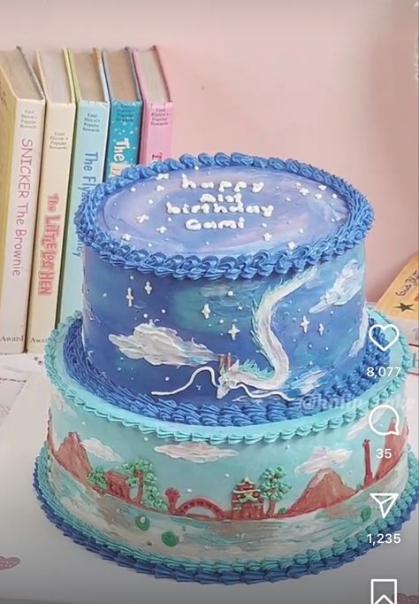 Crazy Cake Designs, Howls Moving Castle Cake, Ghibli Birthday Party, Studio Ghibli Cake, Ghibli Cake, Whale Birthday Cake, Sprite Cake, One Piece Cake, Bolo Grande