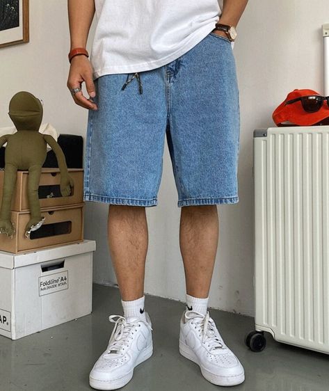 Keychain Denim Knee Length Jorts | STREETWEAR AT BEFORE THE HIGH STREET Spring Knee-length Jean Shorts For Streetwear, Spring Streetwear Jean Knee-length Shorts, Mid-rise Denim Shorts For Streetwear, Knee-length Denim Jean Shorts For Streetwear, Jorts Streetwear, Harajuku Jeans, Outfit Hombres, Denim Blue Knee-length Shorts For Streetwear, Shorts Korean