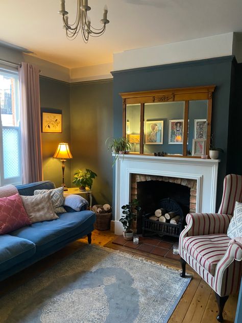 Living Room With Red Brick Fireplace, Edwardian House Interior, Council House Renovation, Edwardian Living Room, Modern Edwardian, Navy Living Room, Navy Living, Red Brick Fireplaces, Navy Living Rooms