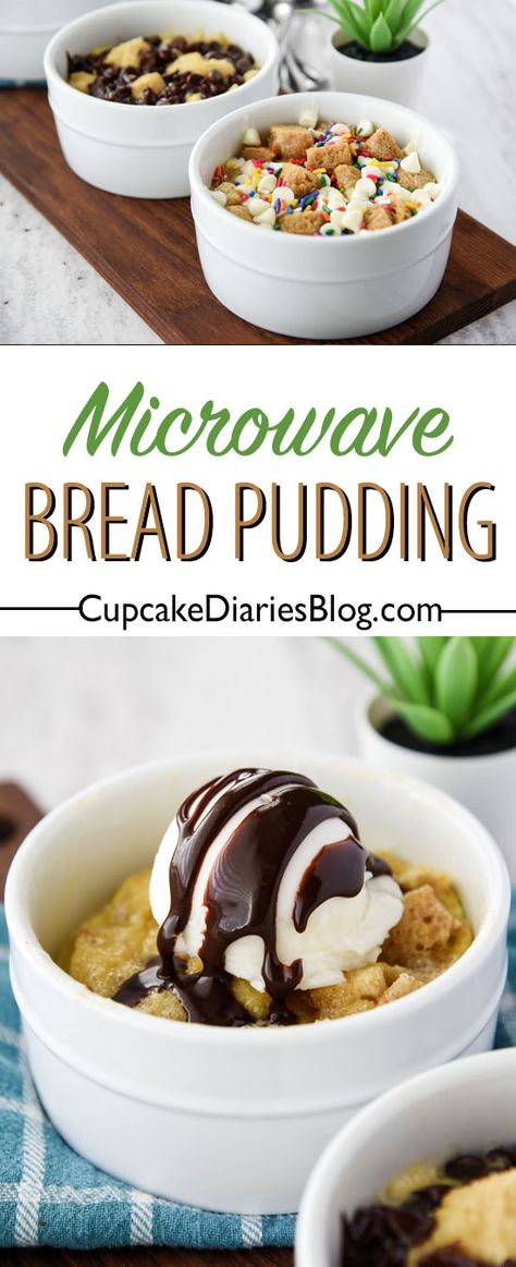 Microwave Single-Serve Bread Pudding is the perfect treat to make as a family! Each person can customize their own dessert by adding marshmallows, sprinkles, and more! via @cupcakediaries Single Serve Bread Pudding, Single Serving Bread Pudding, Eggless Bread Pudding Recipe, Microwave Bread Pudding, Quick Banana Bread, Bread Pudding Dessert, Microwave Bread, Pudding Cupcakes, Cupcake Diaries