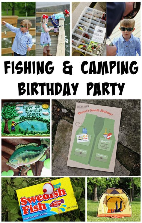 Fishing & Camping Themed Kids Birthday Party Ideas (decorations, invitations, activities, decor) Camping Party For Adults, Camp Theme Party Games, Backyard Camp Out Birthday Party Ideas, Camp Birthday Party Games, Backyard Camping Birthday Party Ideas, Camping Birthday Activities, Outdoor Adventure Birthday Party, Nature Birthday Party Activities, Camping Birthday Party Crafts