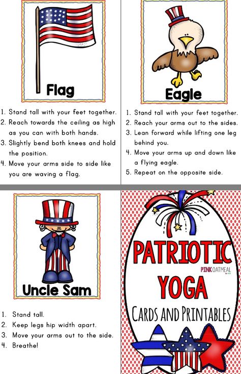 Summer patriotic themed yoga moves mini cards page 1 My Country Preschool Theme, Patriotism Activities Kindergarten, Veterans Day Songs For Kindergarten, Fourth Of July Lesson Plans Preschool, 4th Of July Music, Veterans Day Emergent Reader Free, 4th Of July Movement Cards, America Theme, Toddler Curriculum