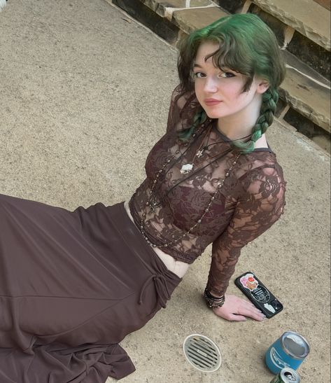 green hair brown hippie whimsigoth whimsy goth fairy core grunge monochrome skull alternative outfit inspo Goth Fairy Core, Long Green Sweater, Fairy Core Grunge, Green Goth, Fairy Grunge Outfit, Grunge Witch, Grunge Hippie, Outfit Collection, Goth Fairy