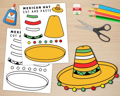 "This printable sombrero hat craft activity provides a fun and engaging way for students to express their creativity while developing their fine motor skills and attention to detail. Simply print the template, color, cut out, and build a Mexican sombrero hat! ⭐️What's included in this pdf⭐️ ✅Black and White Sombrero Hat Craft Template ✅Full Colored Sombrero Hat Craft Template ✅Final Project Picture ✅Sombrero Hat Coloring Page ⭐️LISTING DETAILS⭐️ ✅High-Quality PDF Printable File ✅Size: 8.5\" x 11 Sombrero Craft For Kids, Mexico Projects For Kids, Mexican Crafts For Kids, Hat Coloring Page, Hispanic Heritage Month Crafts, Mexican Sombrero Hat, Eagle Craft, Spanish Crafts, Fall Paper Crafts