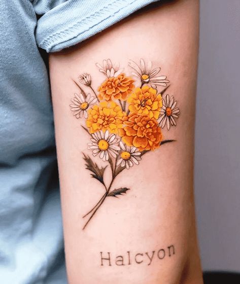 Marigold Tattoo Design Images (Marigold Ink Design Ideas) Carnation Daisy Marigold Tattoo, Marigold And Sunflower Tattoo, Marigold And Daisy Flower Tattoo, Marigold And Daisy Tattoo, Robson Carvalho Tattoo, Marigold Tattoo Design, Autumn Tattoo Ideas, Marigold Flower Tattoo, Marigold Tattoo