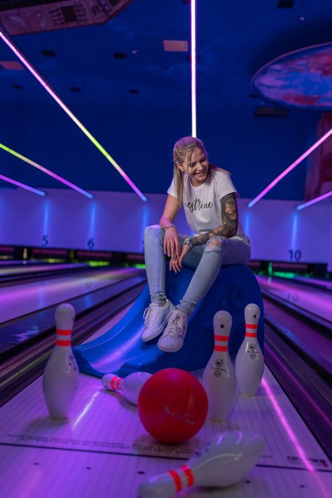 Bowling Picture Ideas, Bowling Photos, Bowling Photoshoot, Bowling Photography, Bowling Ball (diy), Senior Night Poster, Bowling Pictures, Arcade Photoshoot, Cosmic Bowling