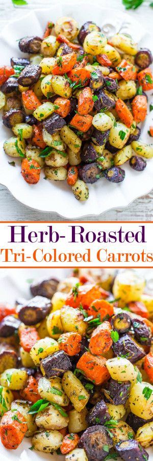 Herb-Roasted Tri-Colored Carrots - Lightly caramelized around the edges, crisp-tender in the center, and seasoned with rosemary, thyme, and parsley!! A trusty side that you'll make again and again for holidays or easy weeknight dinners!! Samosa Recept, Vegetable Korma Recipe, Thanksgiving Diner, Carrots Side Dish, Roasted Rainbow Carrots, Vegetable Casserole Recipes, Korma Recipe, Rainbow Carrots, Easter Dinner Recipes