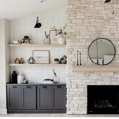 Brick Fireplace With Cabinets On Each Side, Stained Floating Shelves Living Room, Fo Fireplace, Black Birch Homes, Fireplace Redo, Built In Shelves Living Room, Dream Farmhouse, Living Room Built Ins, Fireplace Built Ins