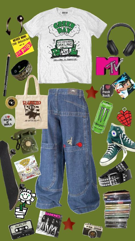 Green Converse Outfits, Blink 182 Outfit, Green Day 90s, 2000s Punk, Punk Rock Outfits, 90s Baggy, Rock Outfit, Green Converse, Outfit Collage