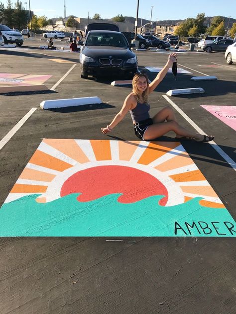 Teacher Parking Spot Painting, Sunset Senior Parking Spot, Beach Parking Spot Painting, How To Paint Senior Parking Space, Painted Parking Spots Senior Girls, Parking Spot Painting High School Cute, Senior Parking Lot Painting Ideas, Unique Parking Spot Paintings, Cute Parking Spot Painting Ideas