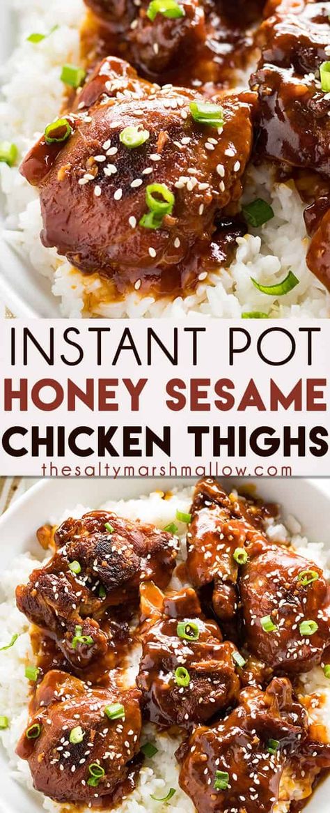 Honey Sesame Instant Pot Chicken Thighs are super easy, tender, and flavorful making for one of the best instant pot chicken recipes ever!  This chicken is smothered in a sweet and savory honey sesame garlic sauce that is out of this world and perfect over rice! #instantpot #thesaltymarshmallow #chickendinner #chickenthighs Sesame Garlic Sauce, Instant Pot Chicken Thighs, Instant Pot Chicken Recipes, Cooking Chicken Thighs, Honey Sesame Chicken, Honey Sesame, Boneless Chicken Thigh Recipes, Sesame Chicken, Instant Pot Dinner Recipes