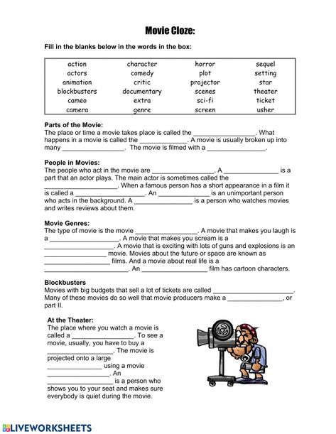 Films - movies interactive and downloadable worksheet. You can do the exercises online or download the worksheet as pdf. Movie Review Worksheet, Hunger Games Reaping, Genre Activities, Movie Worksheet, Character Worksheets, English Activities For Kids, Films Movies, English Games, Cinema Theatre