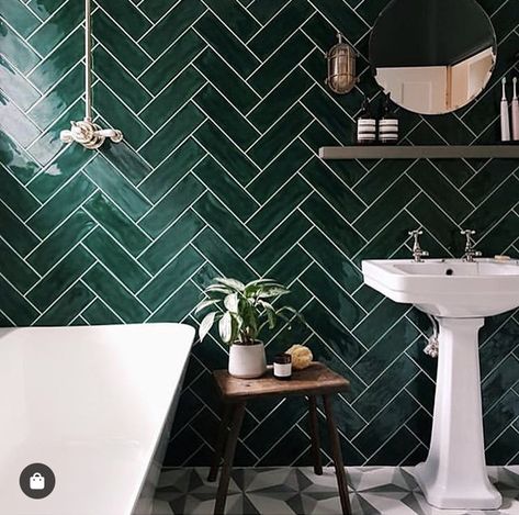 Gorgeous look from Bert and May combining Black Otura floor tiles with glazed green herringbone wall tiles - get the look with their Green glazed Siham Green Tile Half Bath, Powder Room Wall Tile Ideas, Small Bathroom Green Tile, Green Tile Powder Room, Powder Room Tile Wall, Green Half Bath, Enchanted Bathroom, Green Powder Room Ideas, Green Wallpaper Bathroom