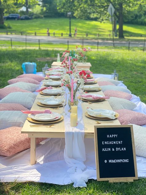 Why not throw an outdoor surprise enegament party? Head over to instagram ( munchnpicnic ) for more information. #outdoorpicnic #picnic #popuppicnic #engagmentpicnic #surprisepicnic #engagmentideas #summerpicnic #engagmentphotos #tablescape #engaged #pinkandwhite #summercolors #summerpallett Ground Seating Outdoor Party, Engagement Party Picnic, Diy Outdoor Toys For Kids, Kids Outdoor Table, Beach Picnic Party, Diy Outdoor Toys, Outdoor Tea Parties, Picnic Party Decorations, Picnic Decor