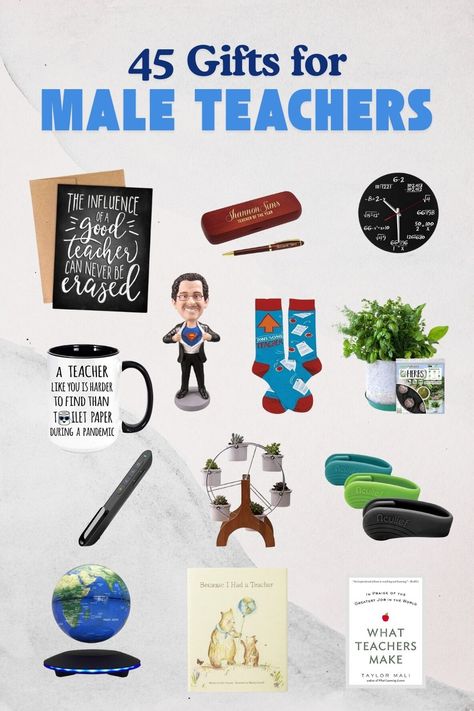 A collection of personalized gifts for male teachers, including a thank you card, personalized teacher pen, funny teacher mug, personalized teacher bobblehead, math wall clock, teacher socks, classroom herb garden, wireless presenter, anti-headache gadget, ferris wheel planter, levitating globe, and teacher appreciation books. Principal Gift Basket Ideas, Gifts For Teacher Assistants, Guy Teacher Gifts, Male Teacher Christmas Gifts, Men Teacher Gifts, Male Teacher Christmas Gift Ideas, Principal Christmas Gift Ideas, Male Teacher Gifts Christmas, Gift Ideas For Male Teachers