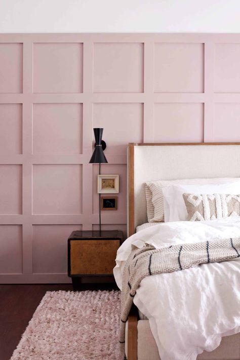 Board and Batten Bedroom Makeover with Arhaus ( Giveaway!) (CLOSED) - A Beautiful Mess Blush Panelling Bedroom, Blush Pink Feature Wall Bedroom, Blush Panelling, Blush Pink Wall Panelling, Blush Pink Panelling Bedroom, Blush Pink Panelling, Pink Wall Panelling Bedroom, Pale Pink Bedroom Ideas, Pink Panel Wall