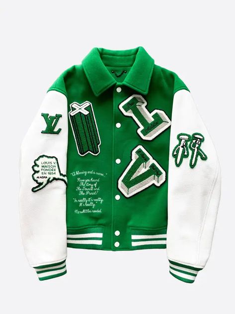 Louis Vuitton Letterman Jacket, Louis Vuitton Jackets Men, Louis Vuitton Varsity Jacket, Old School Jacket, Old School Jackets, Varsity Leather Jacket, Green Varsity Jacket, Louis Vuitton Jacket, Louise Vuitton