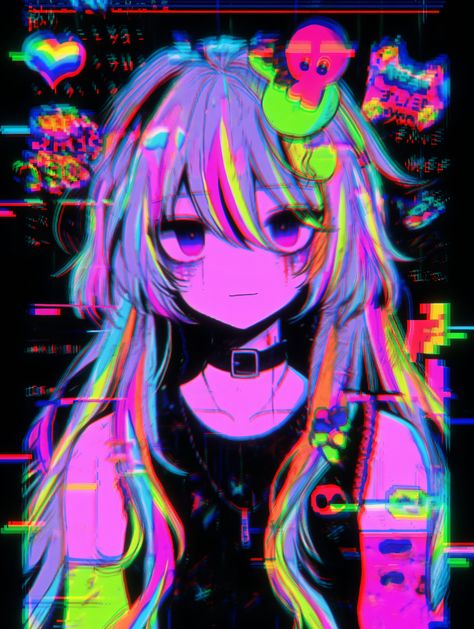 Glitchpop Aesthetic, Hyperpop Art Style Tutorial, Goth Art Pfp, Eyestrain Wallpaper, Neon Art Drawings, Neon Anime Art, Neon Character, Neon Anime, Eyestrain Art