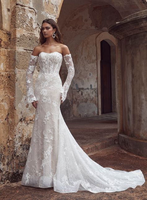 Detachable Lace Sleeves Wedding Dress, Weeding Dress 2023, Ballgown Wedding Dress With Sleeves, Strapless Sheath Wedding Dress, Satin And Lace Wedding Dress, Calla Blanche Wedding Dress, Blanche Wedding Dress, Spanish Wedding Dress, Detachable Sleeves Wedding Dress