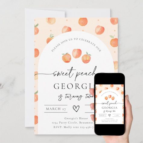 Peach Birthday Invitation  Watercolor Peach  Zazzle Country Birthday Invitations, Peach Birthday Invitation, One Sweet Peach, Summer Birthday Invitations, Baby First Birthday Themes, Peach Birthday, Country Birthday, Fruit Birthday, Peach Party