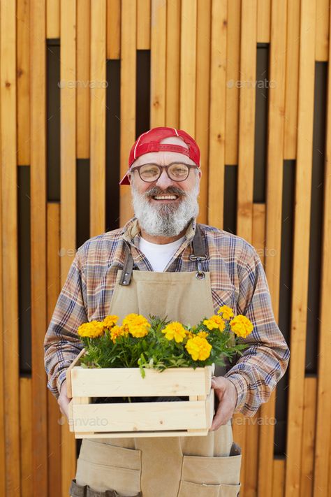 Holding Box Reference, Gardener Portrait, Gardener Photography, Waist Up Portrait, Box Of Flowers, Holding Flowers, Wooden Background, Set Design, Portrait Photography