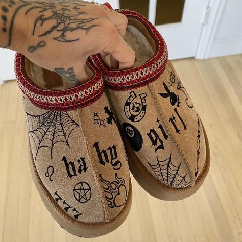 Custom UGG Tazz slippers in size 5. All designs are... - Depop Custom Shoe Designs, Custom Uggs, Ugg Tazz Slippers, Uggs Slippers, Tazz Slippers, Ugg Tazz, Ugg Slippers, Fabric Markers, Fade Color