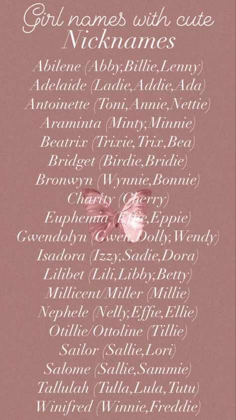 List of girl names with nicknames. Names Combination, Cute Last Names, Names With Cute Nicknames, Names Writing, Mystical Names, Fantasy Character Names, Writing Inspiration Tips, Best Character Names, Cute Nicknames