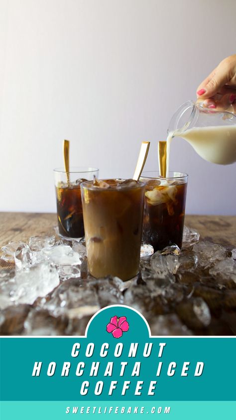 Coconut Horchata Iced Coffee! For my coffee lovers out there have, this homemade Coconut Horchata iced coffee is absolutely delicious, simple to make and is the perfect afternoon recharge. Horchata (pronounced or-CHAH-tah) is a Mexican drink made with rice. Flavored with cinnamon, sugar or nuts and seeds this creamy beverage is popular served over ice in summer. Horchata Iced Coffee, Coconut Horchata, Sweet Lemonade Recipe, Horchata Coffee, Homemade Horchata, Horchata Recipe, Nibbles For Party, Brunch Cafe, Mexican Drinks