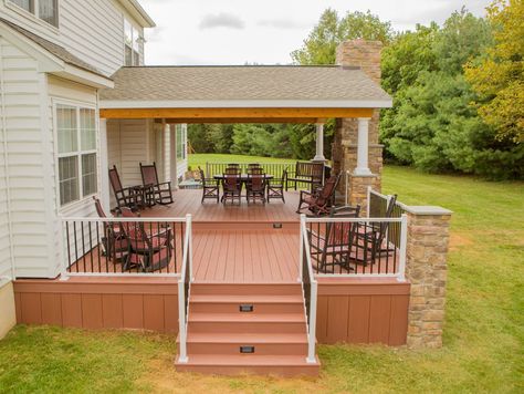 Uncovered Patio, Covered Deck Designs, Tiered Deck, Patio Decor Ideas, Porch Addition, Patio Deck Designs, Rustic Porch, Covered Deck, Deck Designs Backyard