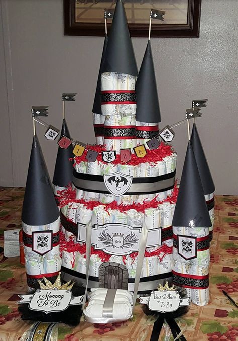 Diaper Castle Cake, Medieval Baby Shower Ideas, Castle Diaper Cake, Medieval Baby, Diaper Cake Castle, Harry Potter Baby Shower, Baby F, Castle Cake, Harry Potter Baby