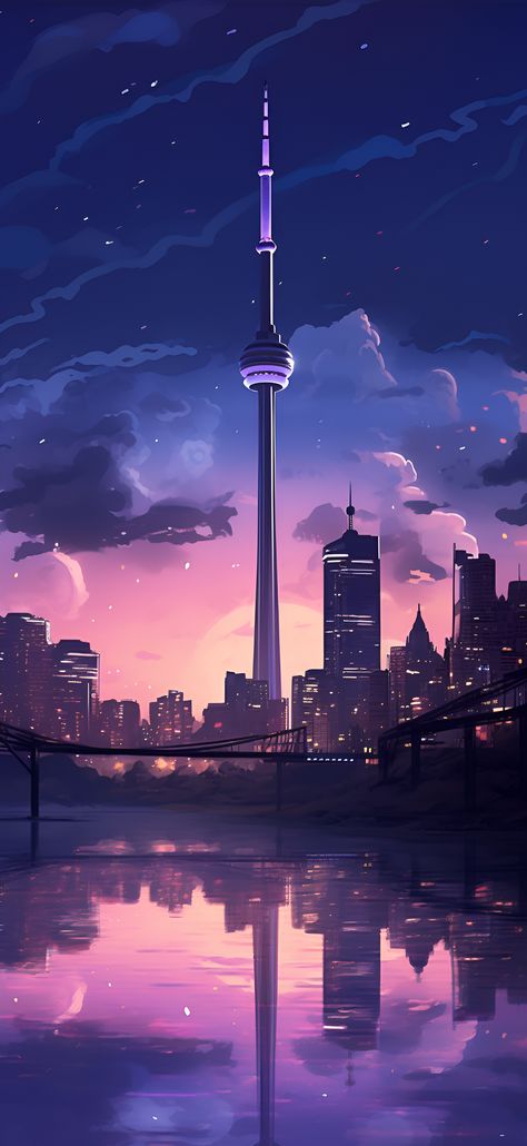 Delicate lavender aesthetic image of the Toronto skyline including the CN Tower. Cn Tower Painting, Toronto Wallpaper Iphone, Canada Wallpaper Aesthetic, Cn Tower Wallpaper, Chill Wallpaper Iphone, Lavender Wallpaper Iphone Aesthetic, Cn Tower Aesthetic, Toronto Canada Aesthetic, Lavender Wallpaper Aesthetic