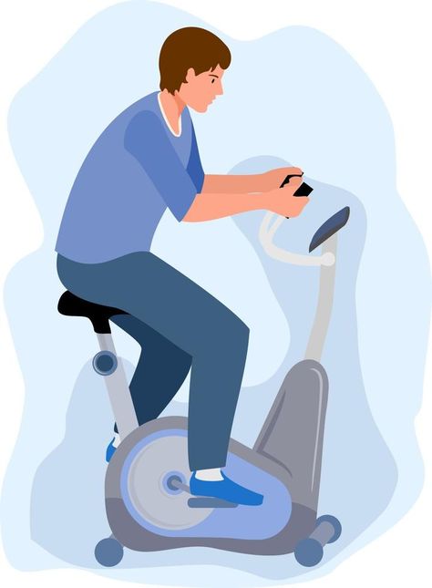 Man on a stationary bike. Sports, Workout at home or in gym or in a rehabilitation center. Sport exercise bicycle. Cardio fitness training equipment. Vector illustration Exercise Bicycle, Center Sport, Sport Exercise, Bicycle Workout, Cardio Fitness, Sports Workout, Rehabilitation Center, Exercise Bike, Training Equipment