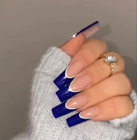 Blue And Silver Nails For Prom, Blue And Silver Acrylic Nails Coffin, Blue Nails With J Initial, Navy Blue And Silver Nails French Tips, Silver And Blue Acrylic Nails, Dark Blue And Silver Nails Acrylic, Blue Nails Ideas Coffin, Long Acrylic Nail Designs Blue, Acrylic Nails Blue And Silver