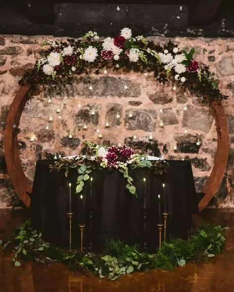 sweetheart table with dark colors, bountiful florals, black linens, greenery Romantic Sweetheart Table, Sweetheart Table Ideas, Wedding Ceremony Inspiration, Moody Florals, Whimsical Romantic, Sweetheart Table Wedding, Wedding Reception Decor, Moody Wedding, Table Inspiration