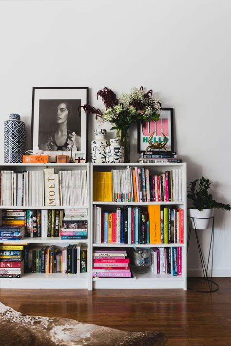 Cow Hide on the floor is also from IKEA. The bronze crab is from Mr Pinchy and Co. The blue and white vase is from Freedom. Lots Of Books, Ikea Bookshelves, Deco Studio, Blue And White Vase, Boho Luxe, Bookshelf Decor, Cheap Decor, Interior Inspo, Cheap Home Decor