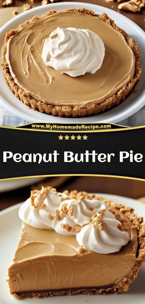 This peanut butter pie is creamy, rich, and topped with a smooth chocolate ganache. A delightful no-bake dessert for peanut butter lovers! Ingredients: 8 oz cream cheese 1 cup peanut butter 1 cup whipped cream ½ cup chocolate ganache Make this peanut butter pie for a decadent dessert that’s perfect for any occasion Peanut Butter Pie Cookies, Yoders Peanut Butter Pie, Peanut Butter Pie With Cream Cheese, Taste Of Home Peanut Butter Pie, Peanut Butter Cream Cheese Filling, Peanut Butter Fluff Pie, Cream Pies With Graham Cracker Crust, Peanut Butter Pie No Cream Cheese, Creamy Peanut Butter Pie